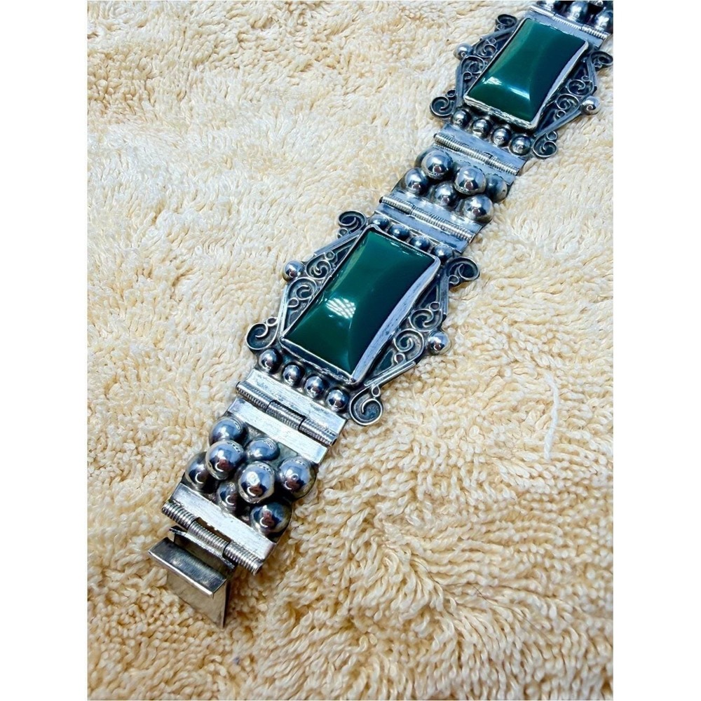 Vintage Mid-Century Mexican Sterling Silver Green Onyx Panel Link Bracelet 7 in - Picture 13 of 16